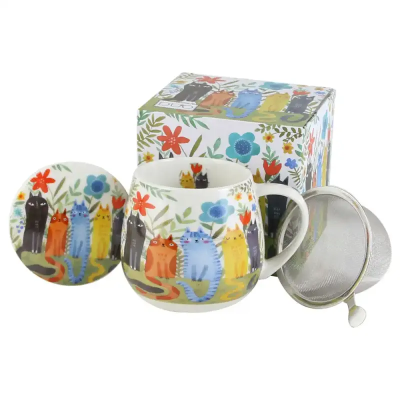 Cana portelan cu infuzor metalic si capac,”cats world, garden” , 430 ml, in cutie decorativa, pisici